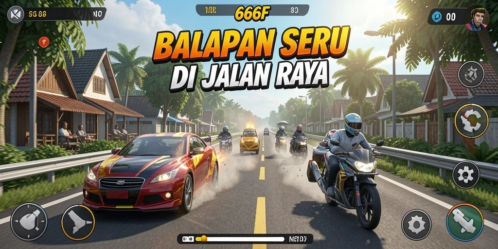 Tampilan seru gameplay balapan di 666F dengan grafis yang memukau.