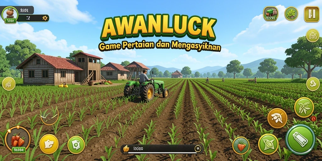 Screenshot menunjukkan gameplay seru di dunia pertanian AWANLUCK.