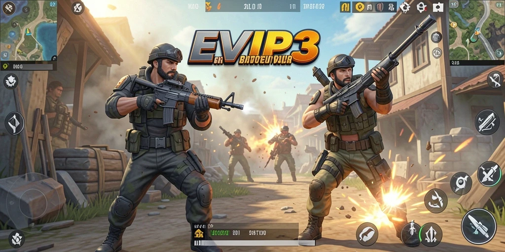 Screenshot gameplay EVIP3 menampilkan aksi seru dalam pertarungan Battle Royale.