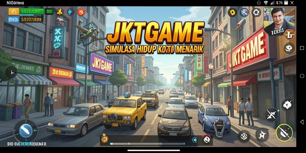 Tangkapan layar utama JKTGAME menampilkan aksi gameplay simulasi kota yang dinamis.