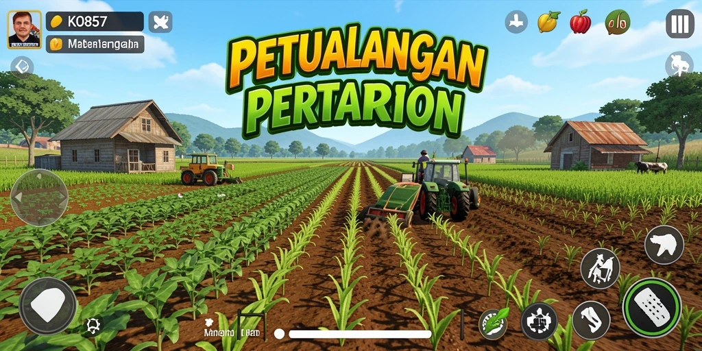 Gameplay KO857 menampilkan ladang yang indah dan beragam tanaman.