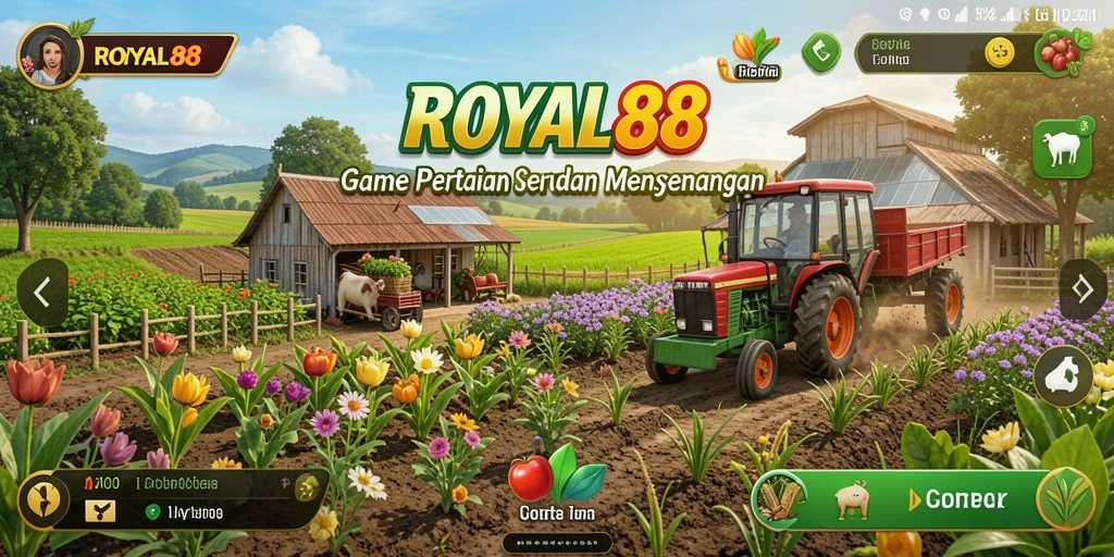 Tampilan gameplay seru dalam ROYAL88 saat bertani di ladang.