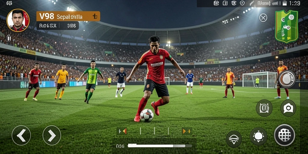Screenshot utama V98 menampilkan aksi seru dalam permainan sepak bola.